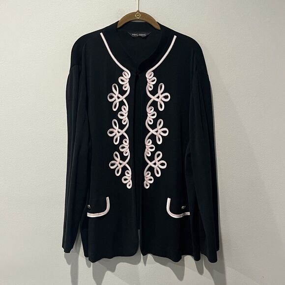 Ming Wang Cardigan Women's XL Black Knit Pink Appliqué Sweater Jacket Eclectic - Picture 1 of 8
